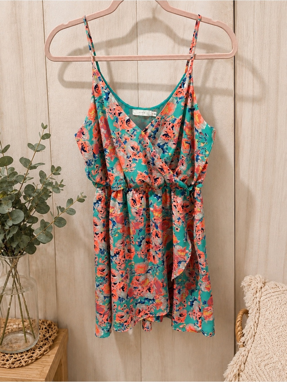 LUSH Floral Wrap Mini Dress Teal Coral Spaghetti Strap Size M